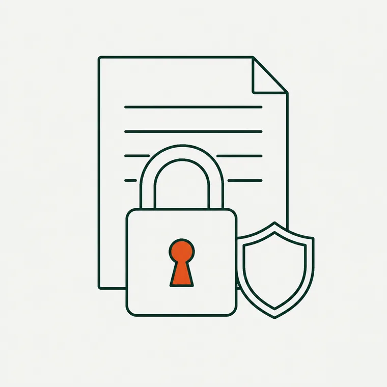 Line drawing of a ruled document behind a closed padlock with an orange keyhole, with a shield outline beside it.