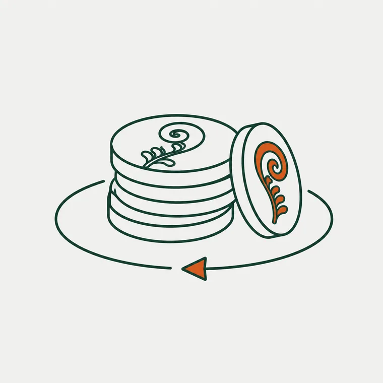 Line drawing of a stack of round play tokens marked with fern-frond spirals, with a curved arrow looping around them.