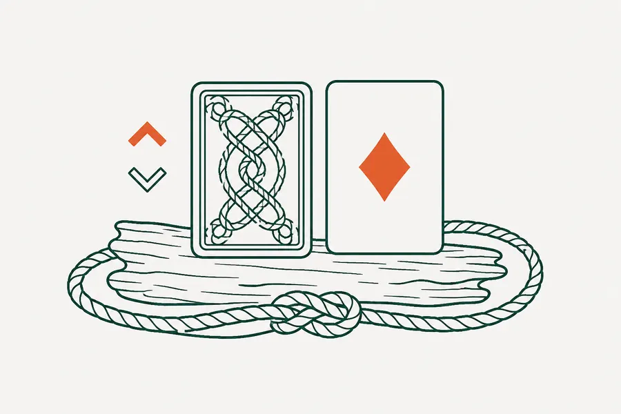 Line drawing of two playing cards on a driftwood plank beside a coiled rope, with up and down chevrons at the left.