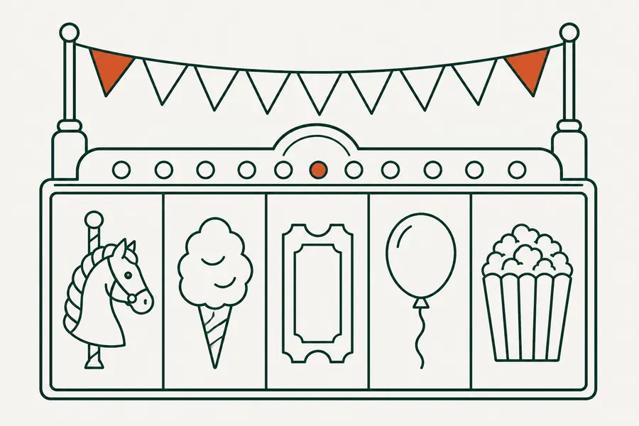 Line drawing of a five-window reel machine under carnival bunting, with a carousel horse, candy floss, ticket, balloon and popcorn symbols.